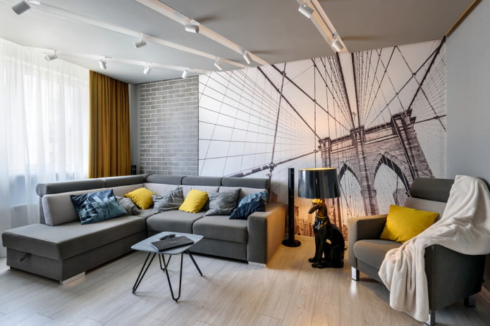 photo wallpaper in a gray living room
