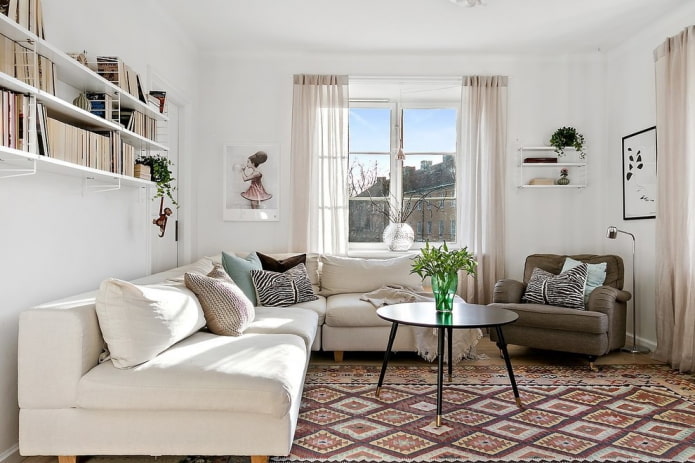 decor and textiles in the living room in the Nordic style