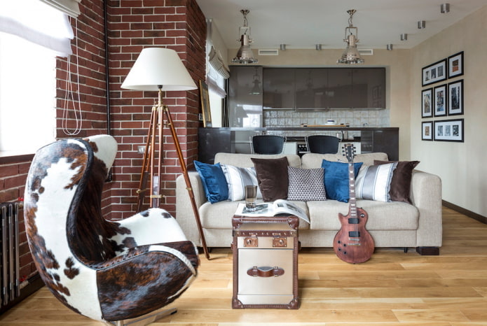 Leather armchair, chest, sofa with pillows