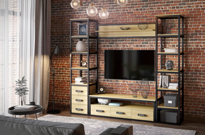Open shelves in the TV area