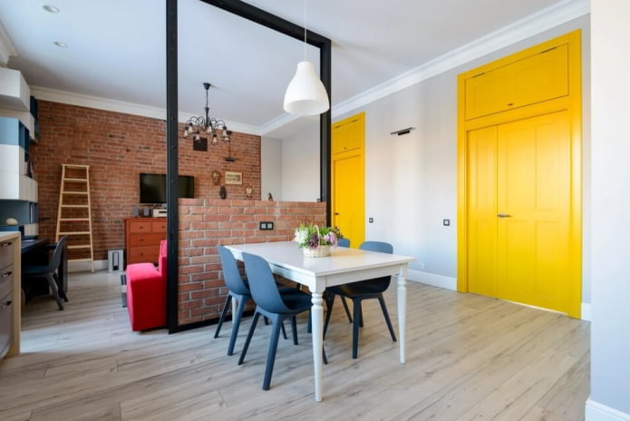 Contrasting doors in a loft living room