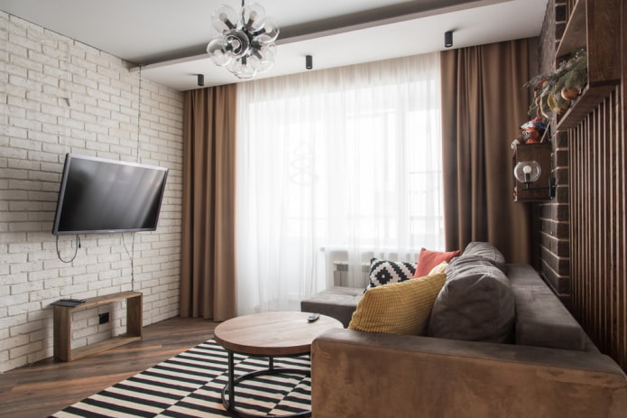 Living room in white and brown tones