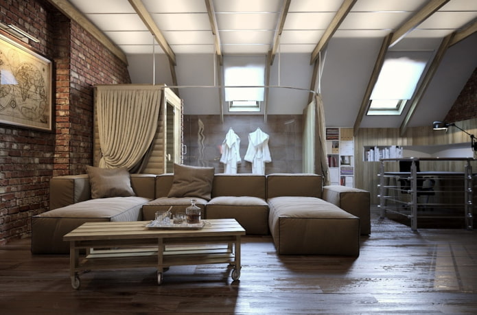 High ceiling with beams