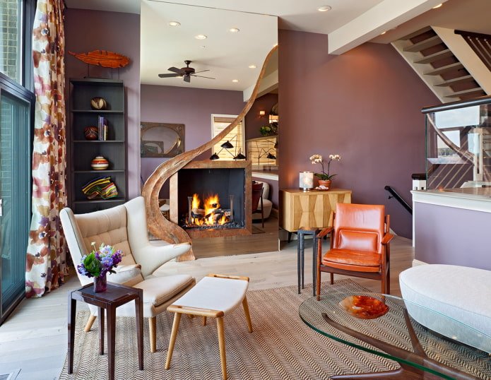 living room with purple walls