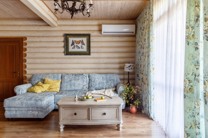 Log walls in the living room