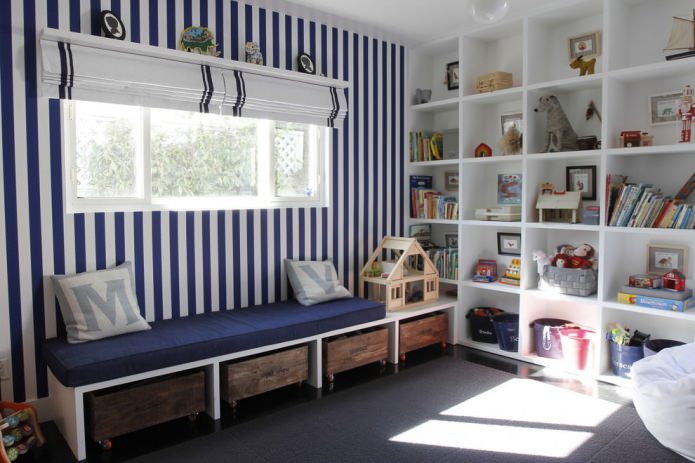 bench by the window for storing toys in the children's room
