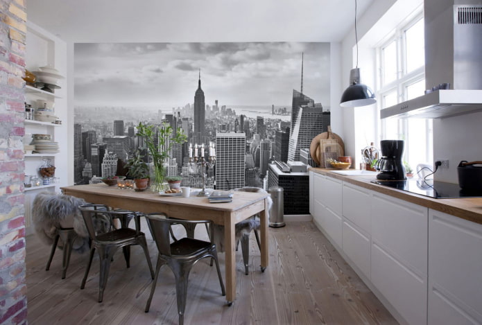 wooden kitchen table in the kitchen interior