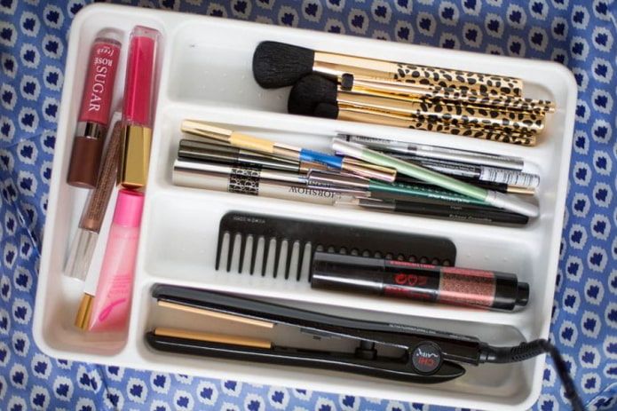 cosmetics in a tray