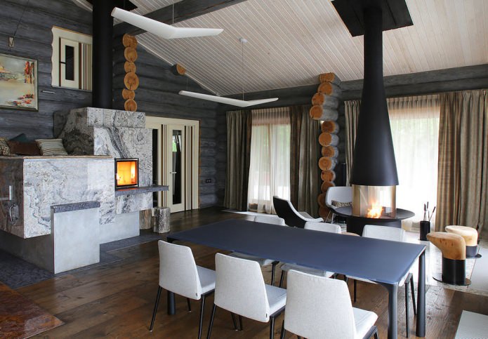 interior decoration of a log house in a modern style