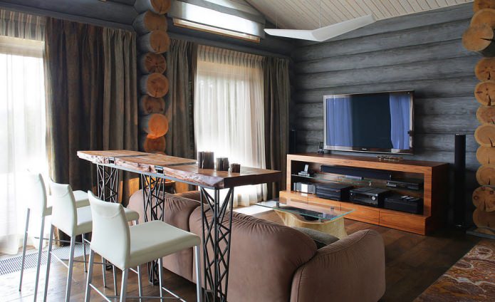 interior decoration of a log house in a modern style