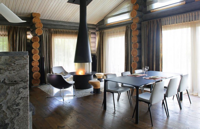 interior decoration of a house from a log in a modern style
