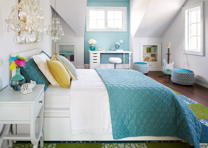 white walls with bright turquoise accents