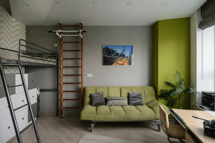 interior of a gray children's room with bright accents