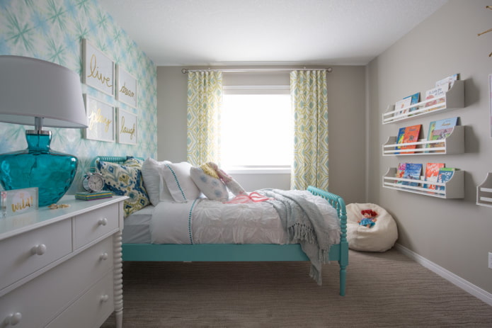 interior of a gray children's room with bright accents