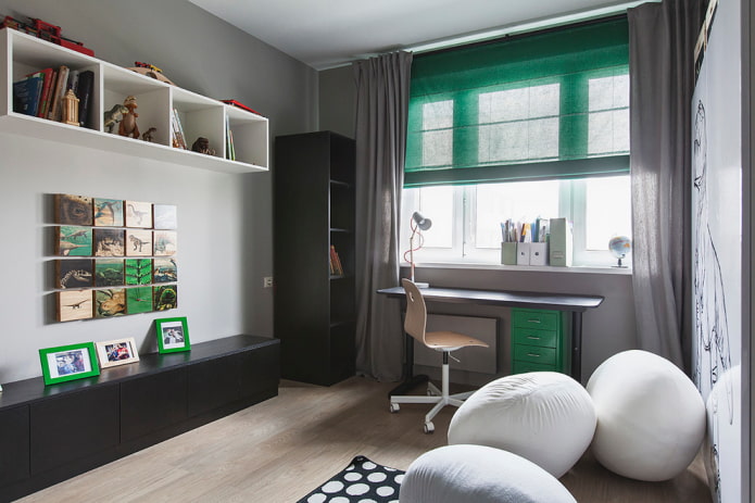 curtains in the interior of a gray nursery