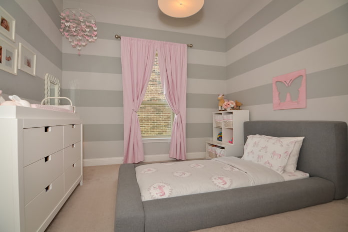 pink curtains in a gray nursery