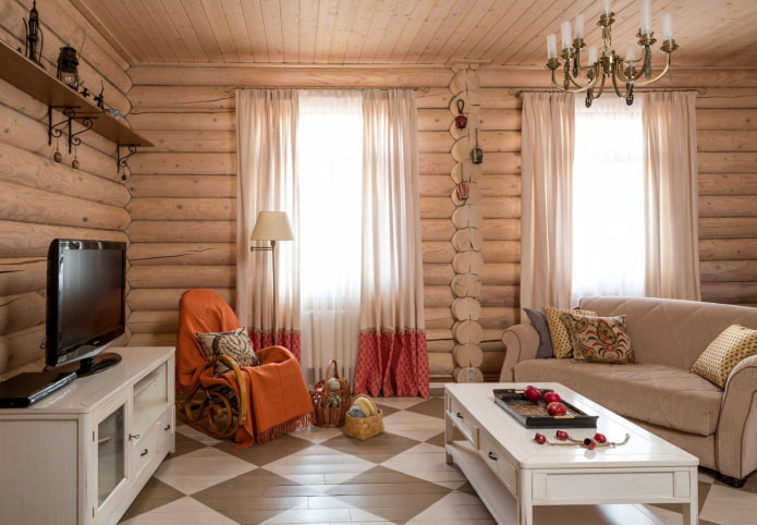 living room design in the interior of a log house