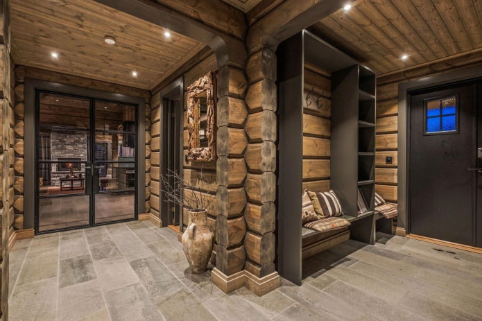 hallway design in the interior of a log house
