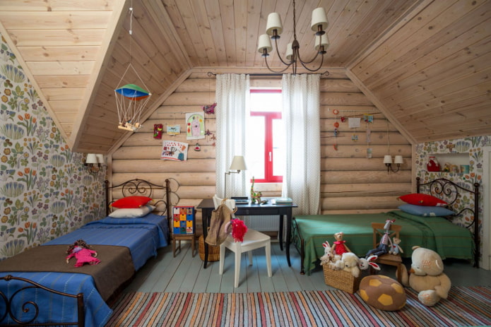 children's room design in the interior of a log house