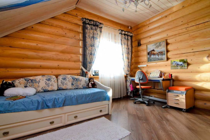 children's room design in the interior of a log house