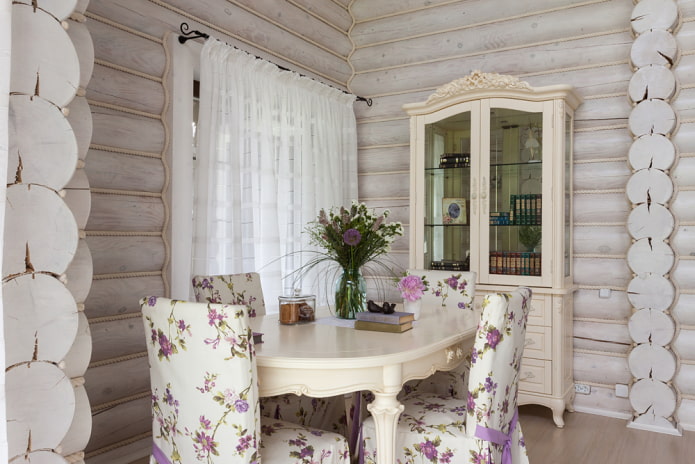 interior of a log house in the Provence style