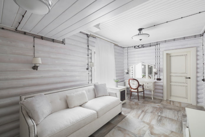 furniture and decor in the interior of a log house