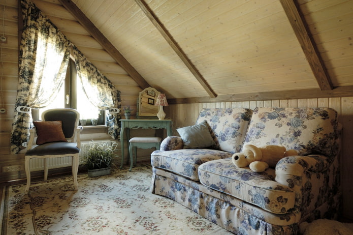 textiles in the interior of a log house