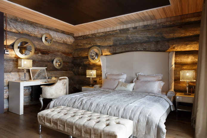 furniture and decor in the interior of a log house