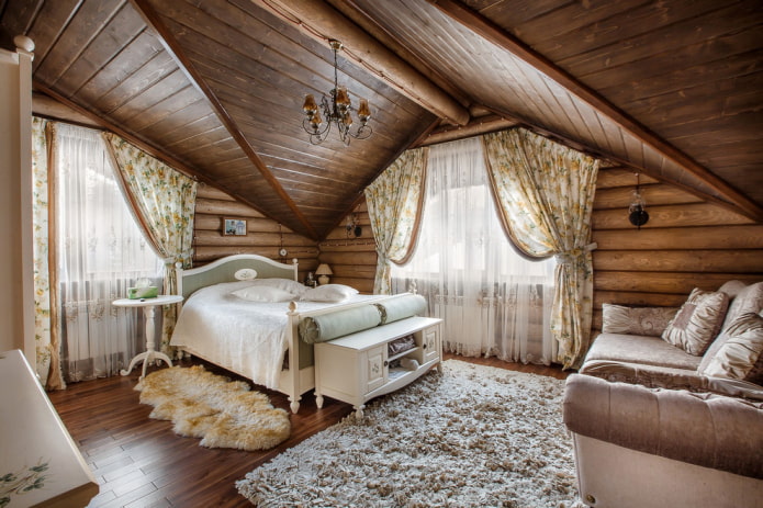 textiles in the interior of a log house