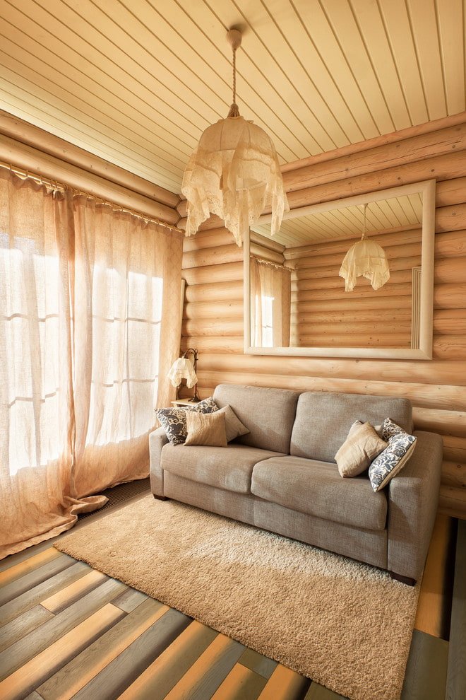 textiles in the interior of a log house