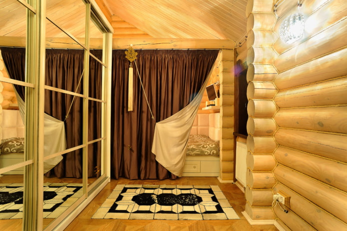 textiles in the interior of a log house