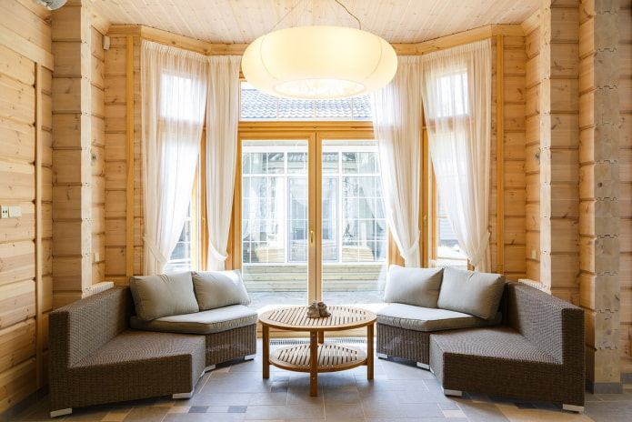 living room design in the interior of a log house