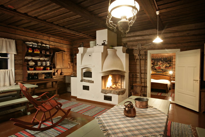 interior of a log house in Russian style