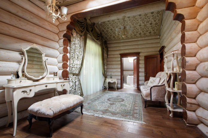 furniture and decor in the interior of a log house