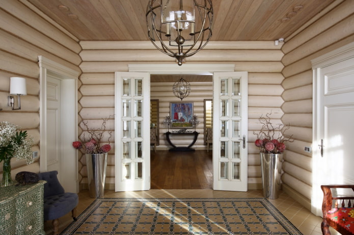 hallway design in the interior of a log house