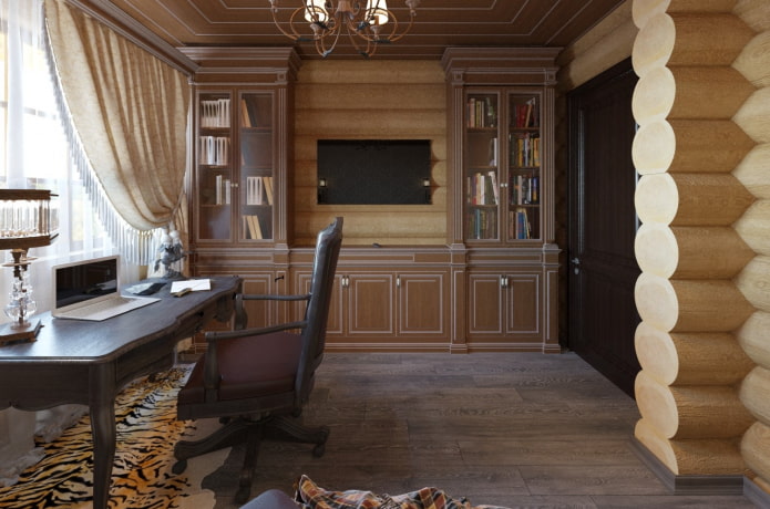 design of a study in the interior of a log house