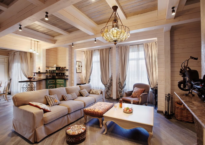 living room design in the interior of a log house