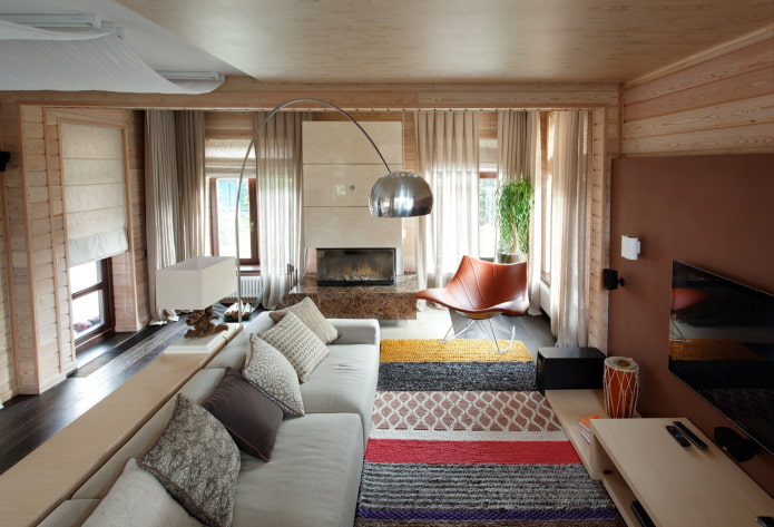 living room design in the interior of a log house