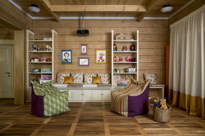design of a children's room in the interior of a log house