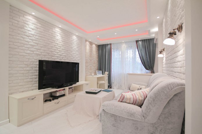 living room with white brick wallpaper