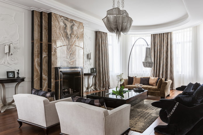 fireplace in the interior of the living room in neoclassical style