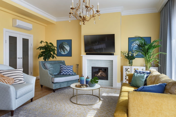 fireplace in the hall in the apartment interior