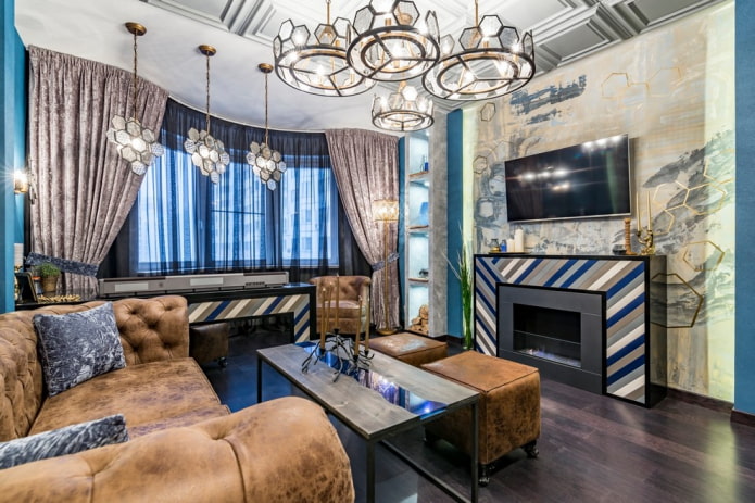 fireplace in the hall in the apartment interior