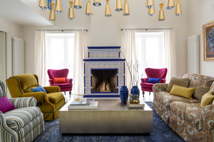 fireplace between windows in the living room interior