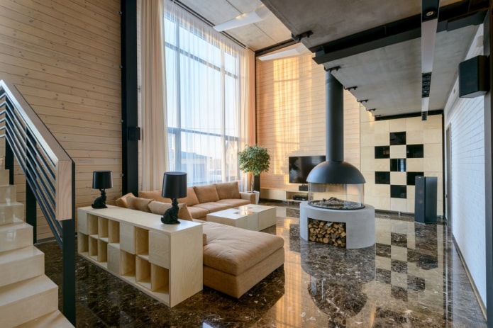 fireplace in the center of the living room