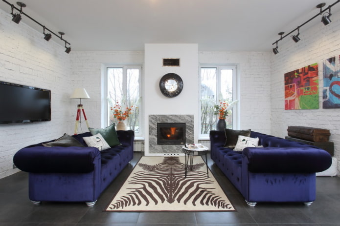 fireplace between windows in the living room interior