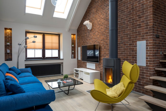 fireplace in the living room interior in loft style