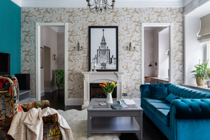 fireplace between two doors in the living room interior
