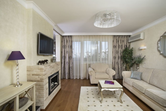 fireplace in the hall in the apartment interior