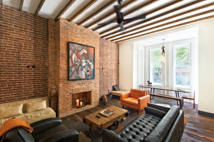 fireplace in the interior living room in loft style